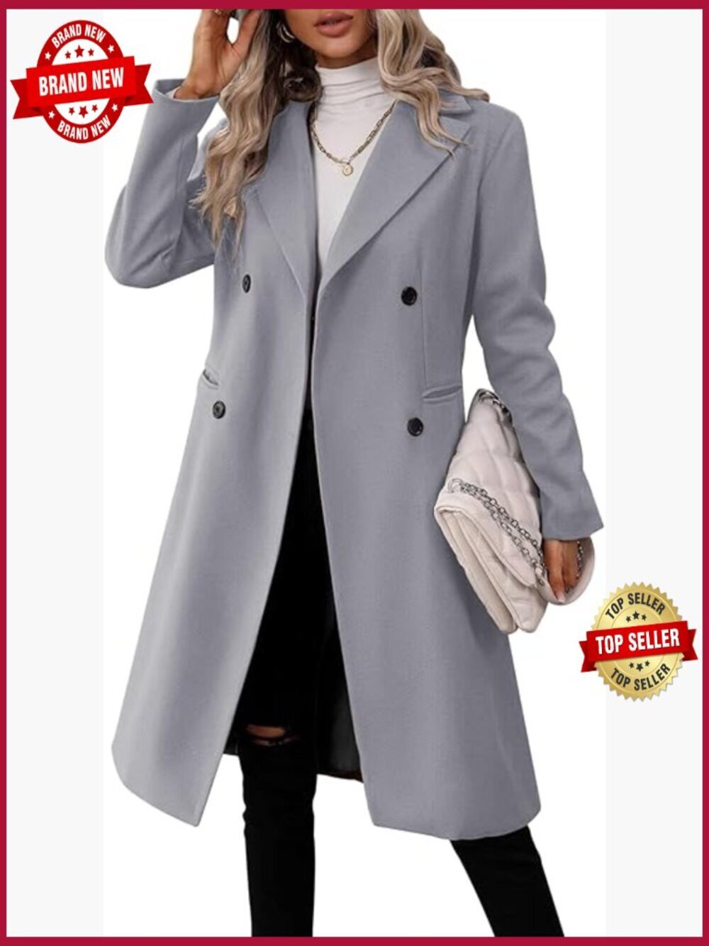 Long Double Breasted Pea Coat Winter Slim Fit Trench Jacket Outwear